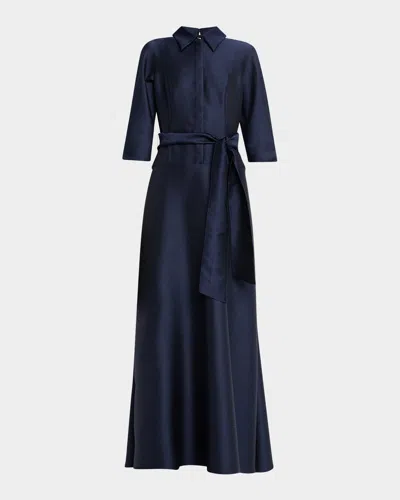 Rickie Freeman For Teri Jon 3/4-sleeve Drop Waist Mikado Shirt Gown In Navy