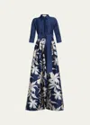 Rickie Freeman For Teri Jon 3/4-sleeve Floral Jacquard Shirt Gown In Navy Multi