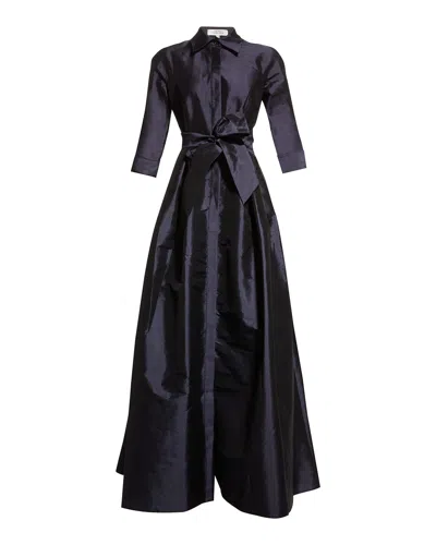 Rickie Freeman For Teri Jon 3/4-sleeve Taffeta Shirtdress Gown In Navy