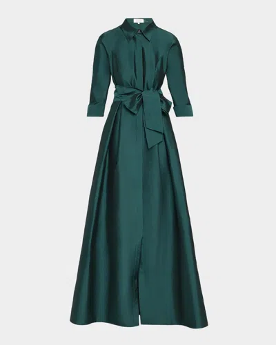 Rickie Freeman For Teri Jon 3/4-sleeve Taffeta Shirtdress Gown In Green