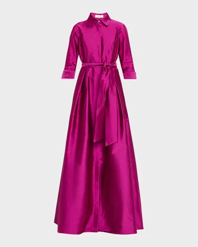 Rickie Freeman For Teri Jon 3/4-sleeve Taffeta Shirtdress Gown In Purple