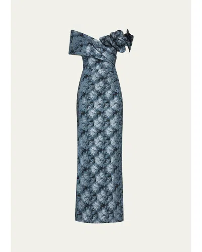 Rickie Freeman For Teri Jon 3d Floral Metallic Jacquard Column Gown In Blue