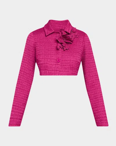 Rickie Freeman For Teri Jon 3d Flower Appliqué Bouclé Cropped Jacket In Berry