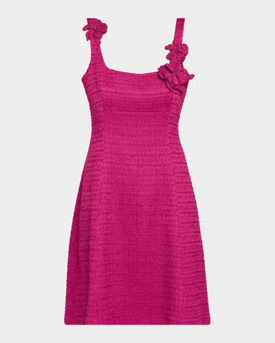 Rickie Freeman For Teri Jon 3d Flower Appliqué Bouclé Tweed A-line Mini Dress In Pink