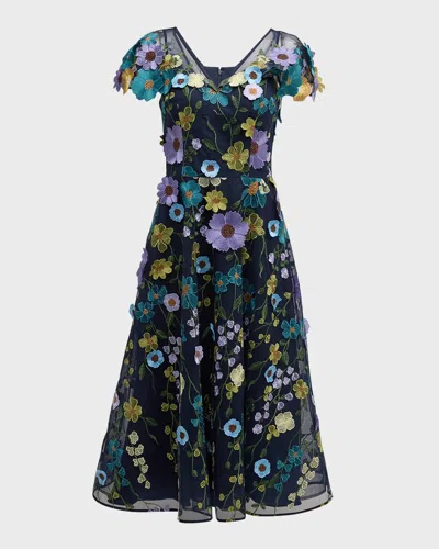 Rickie Freeman For Teri Jon A-line Floral-embroidered Tulle Midi Dress In Multi Col
