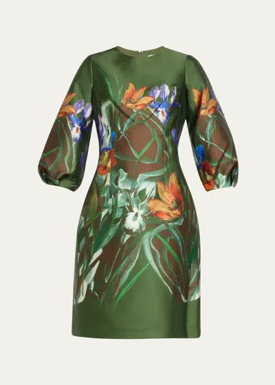Rickie Freeman For Teri Jon A-line Floral-print Mikado Dress In Olive Mult
