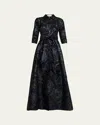 Rickie Freeman For Teri Jon A-line Metallic Jacquard Shirt Gown In Black Sap