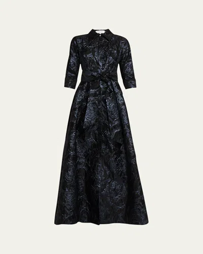RICKIE FREEMAN FOR TERI JON A-LINE METALLIC JACQUARD SHIRT GOWN