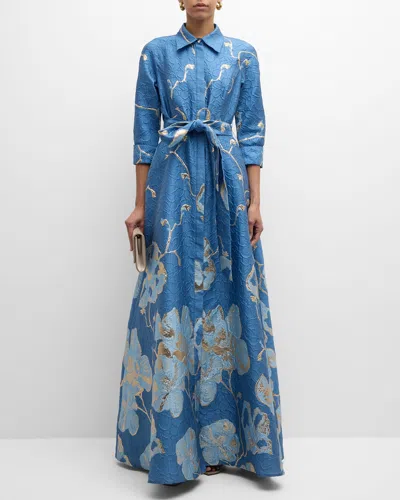 Rickie Freeman For Teri Jon A-line Metallic Jacquard Shirt Gown In Blue