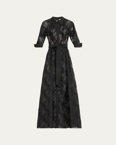 Rickie Freeman For Teri Jon A-line Organza Jacquard Shirt Gown In Black Nude