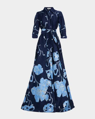 Rickie Freeman For Teri Jon A-line Metallic Jacquard Shirt Gown In Blue
