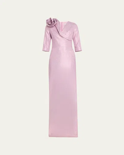 Rickie Freeman For Teri Jon Applique Metallic Jacquard Column Gown In Orchid