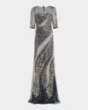 Rickie Freeman For Teri Jon Art Deco Bead & Sequin Tulle Gown In Navy Multi