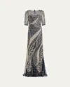 Rickie Freeman For Teri Jon Art Deco Bead & Sequin Tulle Gown In Navy Multi