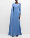 RICKIE FREEMAN FOR TERI JON ASYMMETRIC CAPE-SLEEVE GOWN