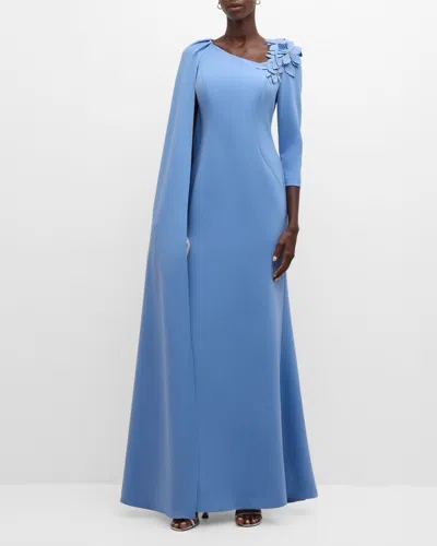 Rickie Freeman For Teri Jon Asymmetric Cape-sleeve Gown In Periwinkle