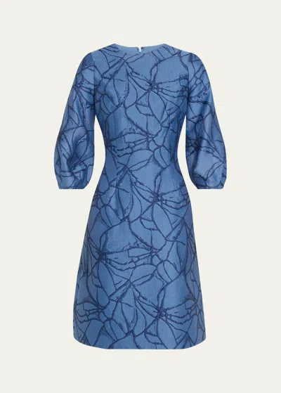 Rickie Freeman For Teri Jon Balloon-sleeve Jacquard Dress In Slate Blue