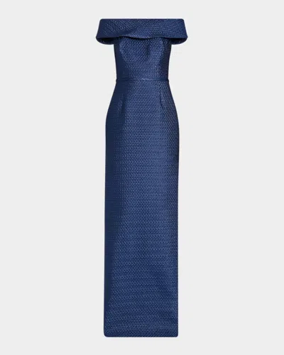 Rickie Freeman For Teri Jon Basket Weave Jacquard Off-the-shoulder Column Gown In Blue