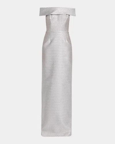 Rickie Freeman For Teri Jon Basket Weave Jacquard Off-the-shoulder Column Gown In Silver