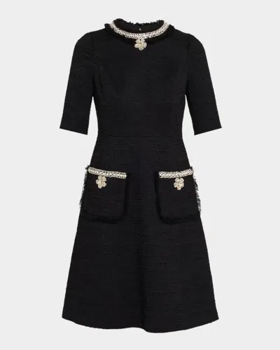 Rickie Freeman For Teri Jon Bead & Crystal-trim Boucle Dress In Black