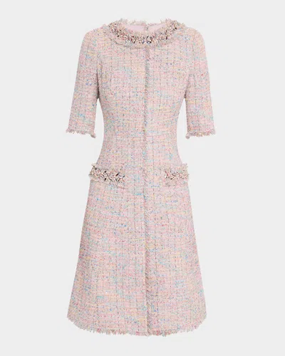 Rickie Freeman For Teri Jon Bead & Fringe-trim Tweed Dress In Pink Multi