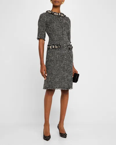 Rickie Freeman For Teri Jon Bead & Pearl-embellished Tweed Midi Dress In Black Multi