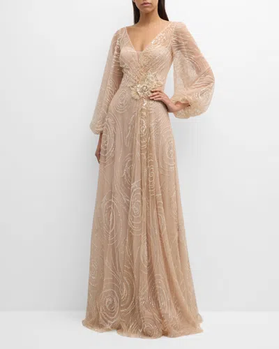 Rickie Freeman For Teri Jon Bead & Sequin Flower-embellished Tulle Gown In Bisque