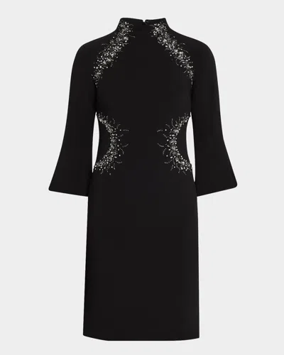 Rickie Freeman For Teri Jon Beaded Flare-sleeve Crepe Dress In Black