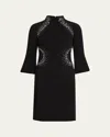 Rickie Freeman For Teri Jon Beaded Flare-sleeve Crepe Dress In Black