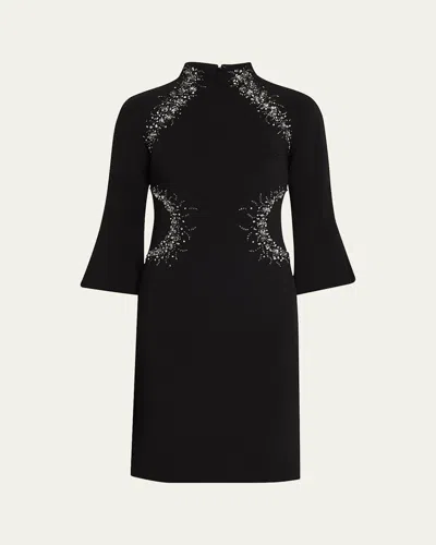 RICKIE FREEMAN FOR TERI JON BEADED FLARE-SLEEVE CREPE DRESS