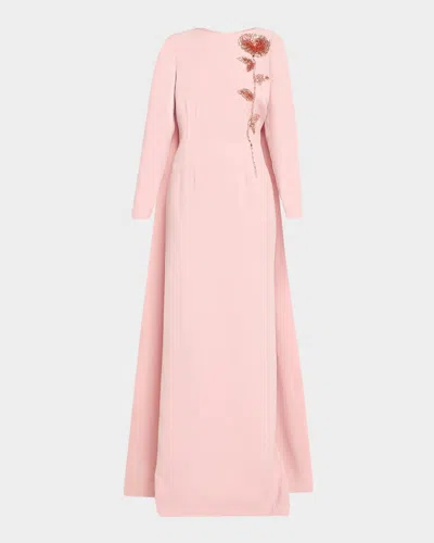 Rickie Freeman For Teri Jon Beaded Floral Crepe Column Gown With Cape In Pink