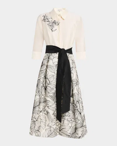 Rickie Freeman For Teri Jon Beaded Floral-embroidered Midi Shirtdress In Ivory Black