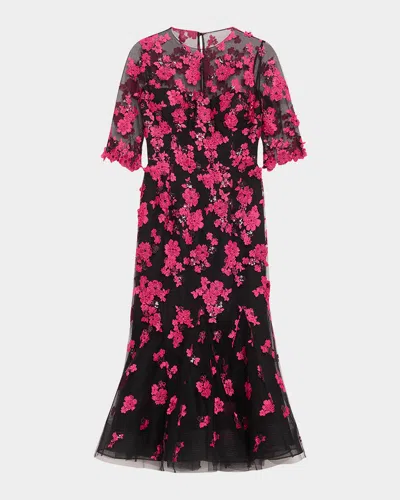 Rickie Freeman For Teri Jon Beaded Floral-embroidered Trumpet Midi Dress In Black Fusc