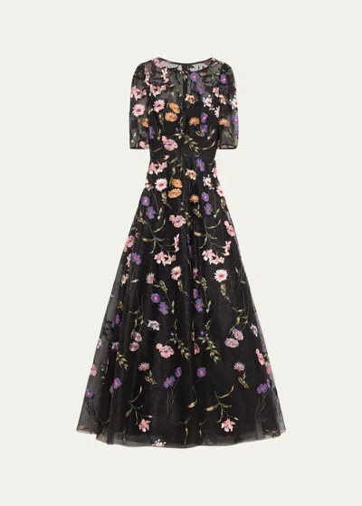 Rickie Freeman For Teri Jon Beaded Floral-embroidered Tulle Gown In Black Mult