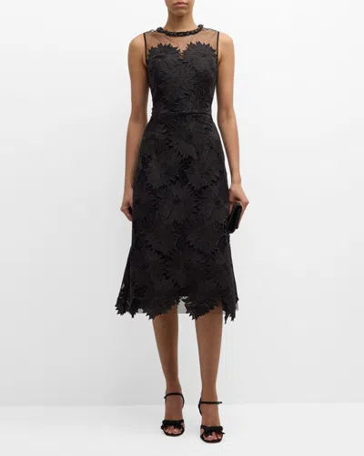 Rickie Freeman For Teri Jon Beaded Floral Lace Midi Dress In Black