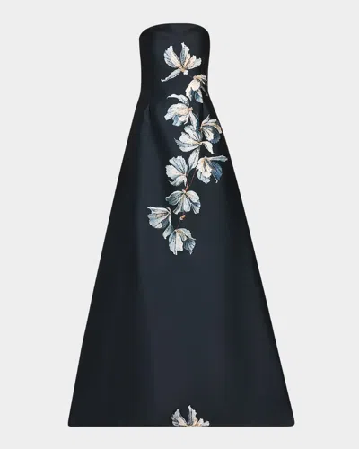 Rickie Freeman For Teri Jon Beaded Floral Mikado A-line Gown In Blue