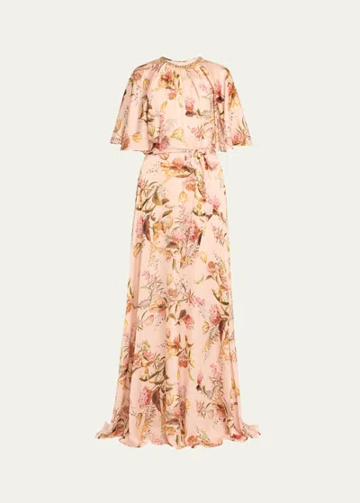 Rickie Freeman For Teri Jon Beaded Floral-print Capelet Gown In Multi