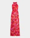 Rickie Freeman For Teri Jon Beaded Floral-print Chiffon Halter Gown In Red