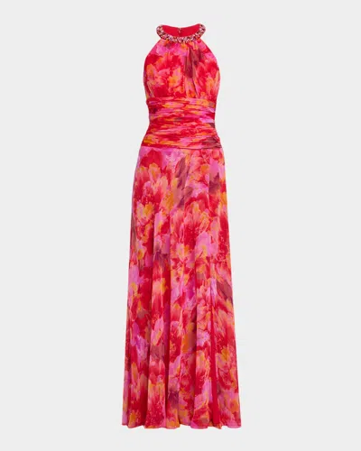 Rickie Freeman For Teri Jon Beaded Floral-print Chiffon Halter Gown In Red