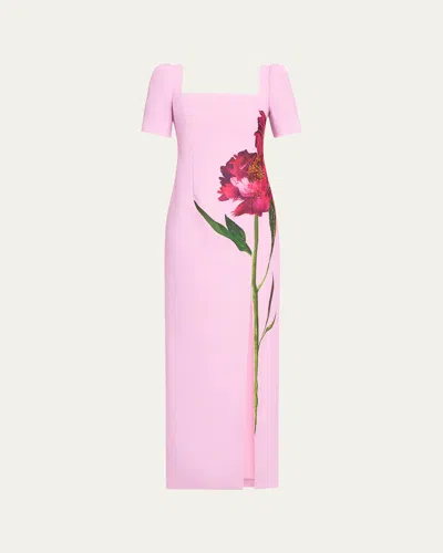 Rickie Freeman For Teri Jon Beaded Floral-print Crepe Column Gown In Pink Multi