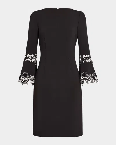 Rickie Freeman For Teri Jon Bell-sleeve Floral Applique Crepe Dress In Black