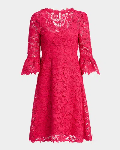 Rickie Freeman For Teri Jon Bell-sleeve Floral Lace Dress In Strawberry