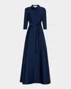 Rickie Freeman For Teri Jon Belted 3/4-sleeve Mikado Shirt Gown In Navy
