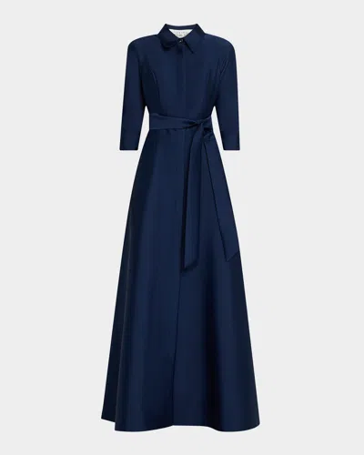 Rickie Freeman For Teri Jon Belted 3/4-sleeve Mikado Shirt Gown In Navy