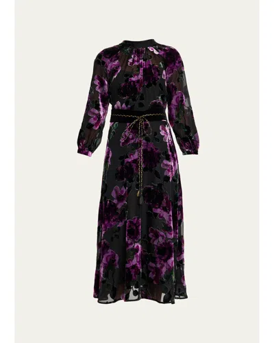Rickie Freeman For Teri Jon Belted Devore Velvet Midi Dress In Multi