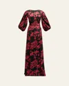 Rickie Freeman For Teri Jon Belted Floral-print Twill Gown In Black Red