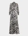Rickie Freeman For Teri Jon Belted Floral-print Twill Shirt Gown In Black