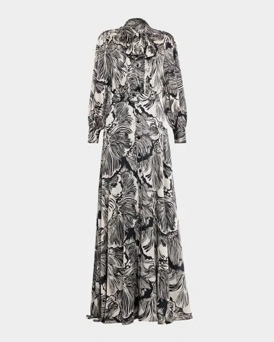 Rickie Freeman For Teri Jon Belted Floral-print Twill Shirt Gown In Black