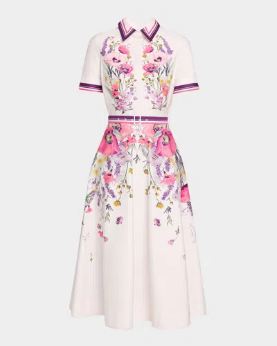 Rickie Freeman For Teri Jon Belted Floral-print Cotton Midi Shirtdress In Pink