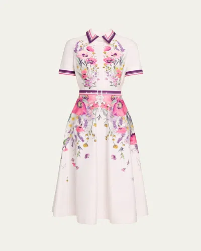 Rickie Freeman For Teri Jon Belted Floral-print Cotton Midi Shirtdress In Pink